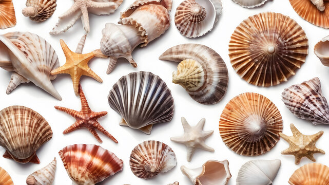 Seashell collection isolated on the white background. AI generated image, ai