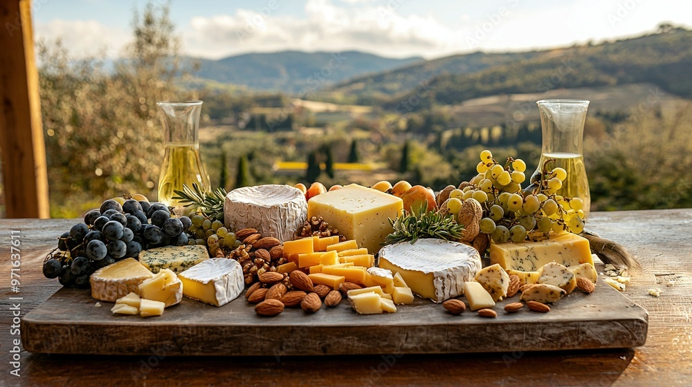 Poster a cutting board featuring an array of cheeses and nuts rests on a table the surrounding landscape bo