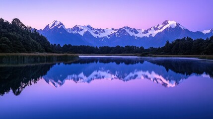 Serene mountain landscape reflecting in calm waters at dusk.