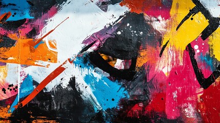 Abstract colorful painting with bright colors and textures.