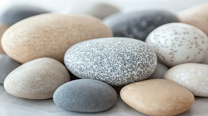   A variety of colored stones arranged on a white countertop with black and white mottling