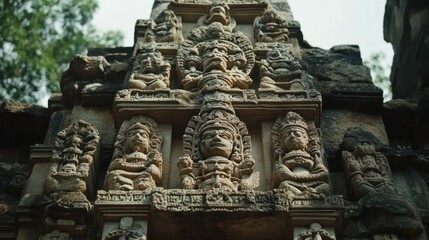Stone Carvings of Deities on an Ancient Temple Wall