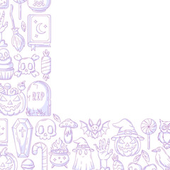 Halloween minimalist vector square poster, space for text. Corner frame with spooky purple icons from pumpkin, ghost, skull and bones, bat. For card, banner, invitation, social media, party or note