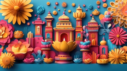 A digital Diwali greeting with modern typography, bright colors, and festive icons