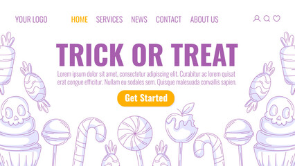 Halloween minimalist landing page vector template. Holiday flat illustration, bottom frame with sweets purple icons from lollipop, candy cane, cupcake with skull. For website, web page, online, banner