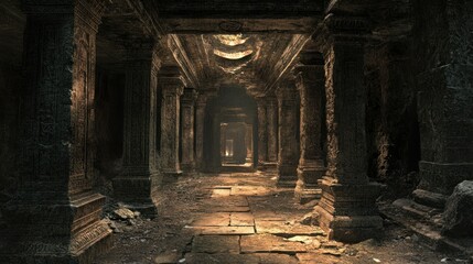 Ancient Stone Corridor With Sunlight Filtering Through