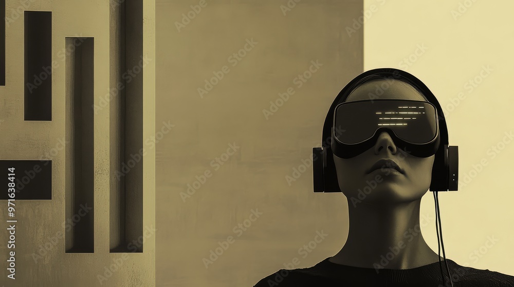 Wall mural a cybernetic woman dons a vr headset immersed in a futuristic world of technology