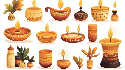 A digital set of Diwali clipart featuring modern designs of traditional elements, perfect for decorations