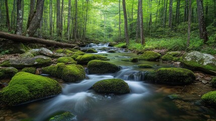 A serene forest stream flows over moss-covered rocks, surrounded by lush greenery.