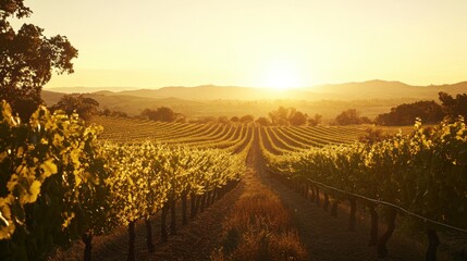 Naklejka premium A serene vineyard landscape at sunset, showcasing rows of grapevines under a golden sky.