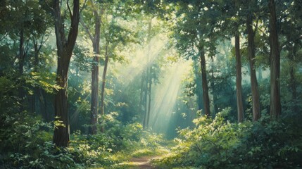 Fototapeta premium Sunbeams Filtering Through Dense Forest Canopy