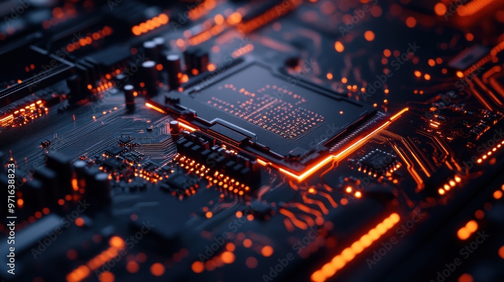 Poster close-up of a circuit board with glowing components, showcasing technology and design.