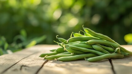 Fresh green beans arranged on a wooden surface, highlighting their vibrant color and texture.