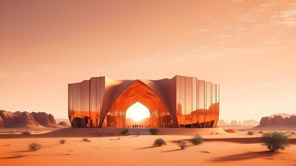 As the focal point, Village cover design fort features modern art in red tones with graphics.Old walls of Diriyah old town and modern arab restaraunt illuminated at night, Riyadh, Saudi Arabia
