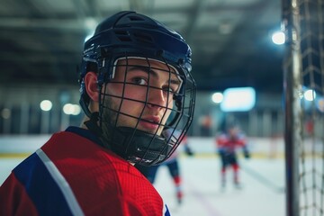 Determined hockey player in action on ice rink with team in background AI
