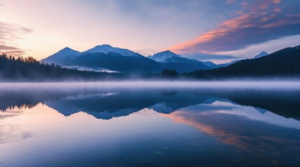 Fototapeta premium Serene lake reflecting mountains at sunrise with mist and vibrant clouds.
