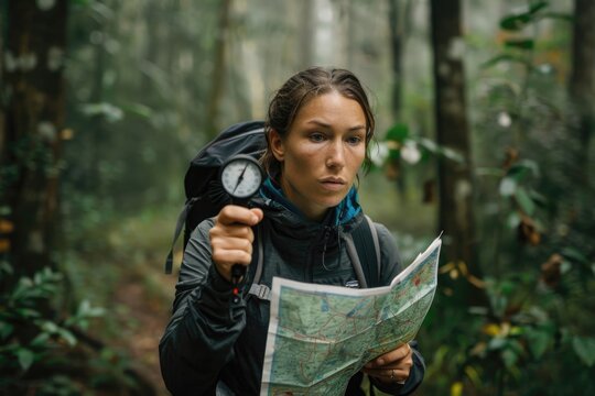 Orienteering adventure in forest landscape during competitive race event AI