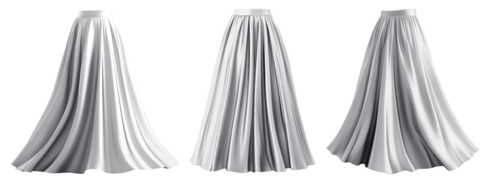 Set of white maxi long pleated flowy flare skirt, front back side twirl view on transparent background cutout, PNG file. Many different angle. Mockup template for artwork graphic design