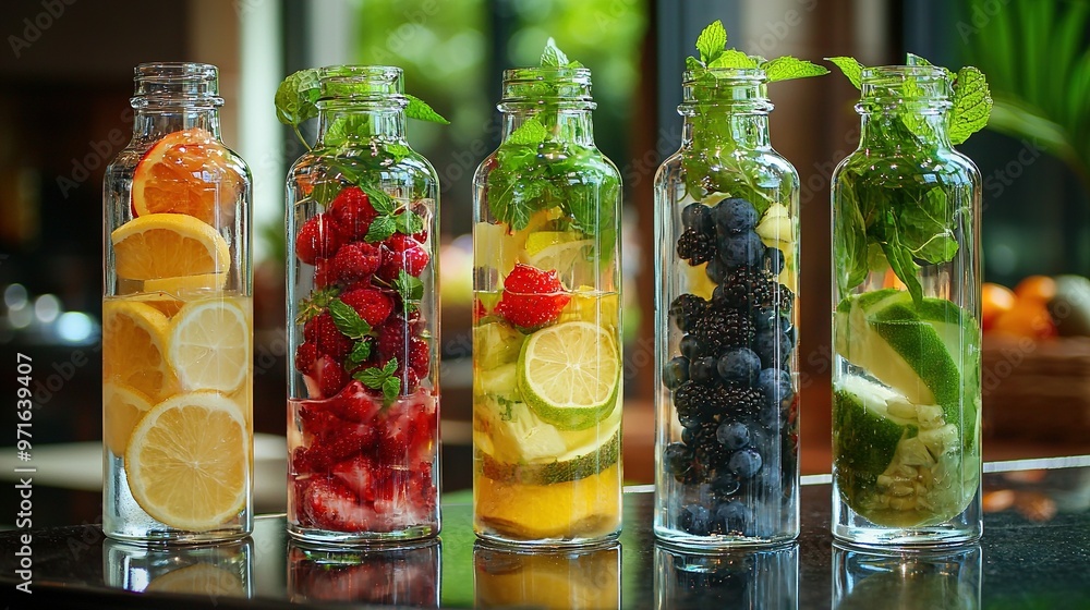 Poster row of colorful fruit and veggie-filled bottles arranged neatly in line