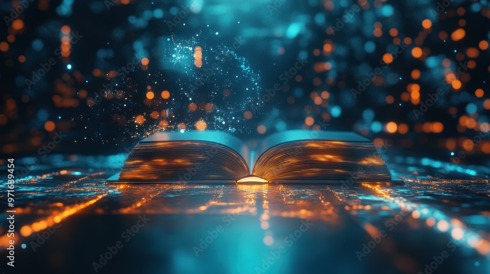 Poster an open book emits glowing particles in a digital landscape, symbolizing knowledge and technology.