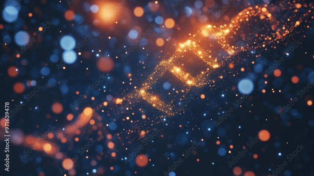 Poster abstract representation of dna strands with glowing particles on a dark background.