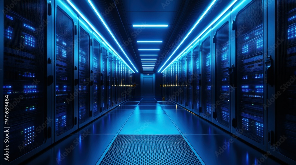 Poster a dimly lit server room with blue led lights illuminating rows of data storage units.