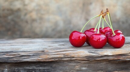 A cluster of shiny red cherries on a rustic wooden surface.