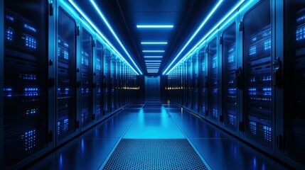 Fototapeta premium A dimly lit server room with blue LED lights illuminating rows of data storage units.