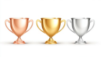 Collection of champion cups including golden silver and bronze bowls in a 3D vector realistic cartoon design This set of sport tournament awards highlights a champion trophy collection
