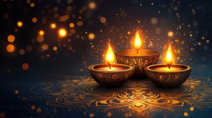 A festive Diwali banner featuring traditional Indian patterns, gold accents, and glowing lamps