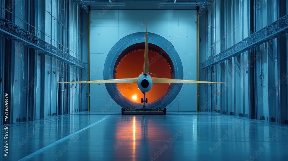 Poster a turbine positioned in a testing facility, showcasing advanced engineering and technology.