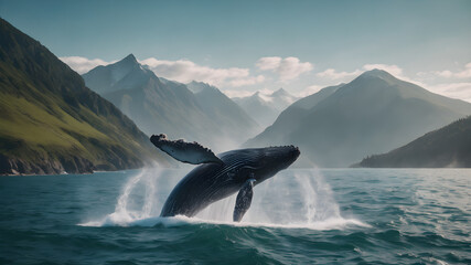 Fototapeta premium Massive whale jumping out of water playing in water
