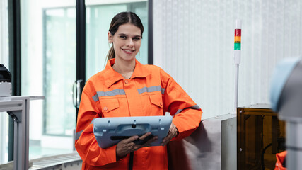 Student engineer assembles a robotic arm in a technology workshop. Engineer holds a robot controller and inspects the robotic arm's welding hardware.