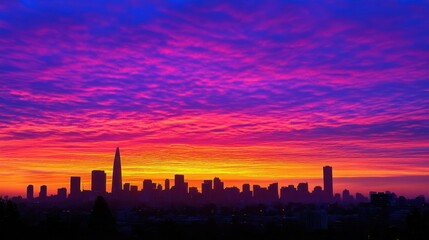 A vibrant sunset over a city skyline, showcasing colorful clouds and silhouettes of buildings.