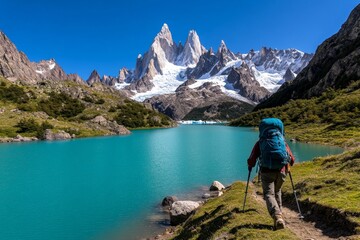 Naklejka premium A hiker trekking through Patagonia, crossing glaciers and emerald lakes with the jagged peaks of the Andes in the background