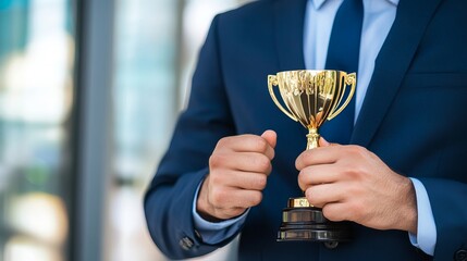 Businessman holding a trophy to symbolize success The business reward acknowledges effort and achievement in life