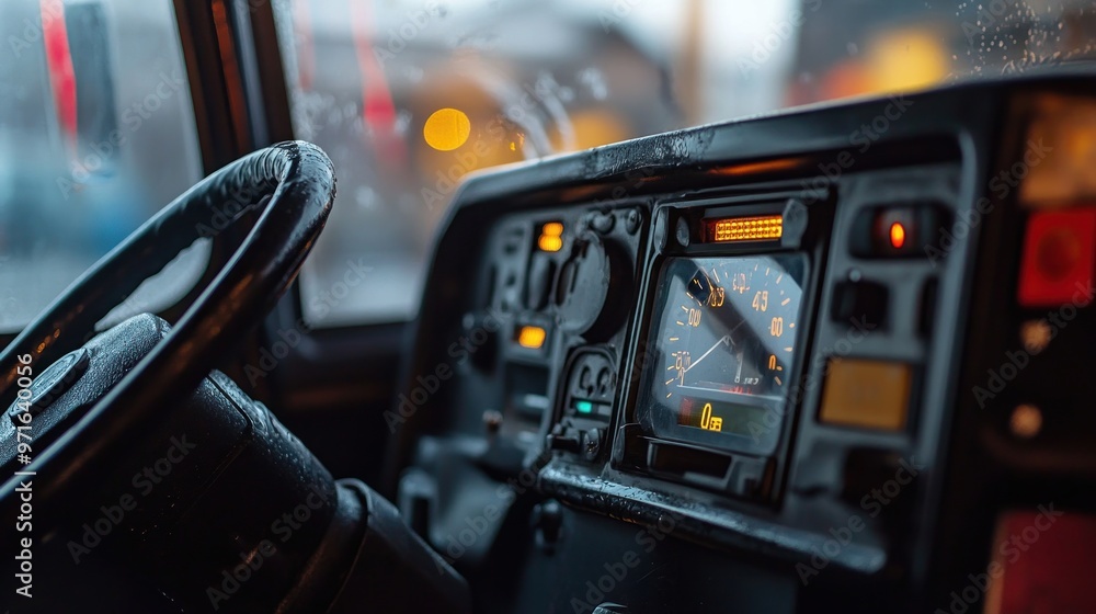 Poster close-up of a vehicle's dashboard with gauges and controls, suggesting a rugged environment.