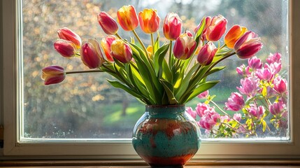   A vase with pink and yellow tulips sits on a window sill beside one