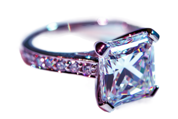 Sparkling Princess Cut Ring on Transparent White Surface in High-Resolution Image