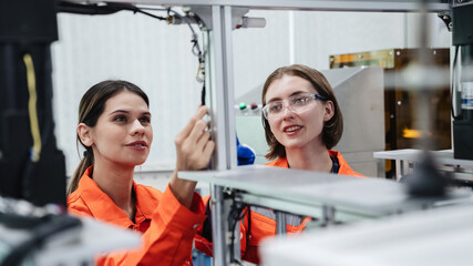 Student engineer assembles a robotic arm in a technology workshop. Engineer holds a robot controller and inspects the robotic arm's welding hardware.