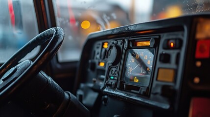 Close-up of a vehicle's dashboard with gauges and controls, suggesting a rugged environment.
