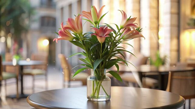 lilies plants with glass bottle pots on the table and there are reflections of sunlight and white light particles