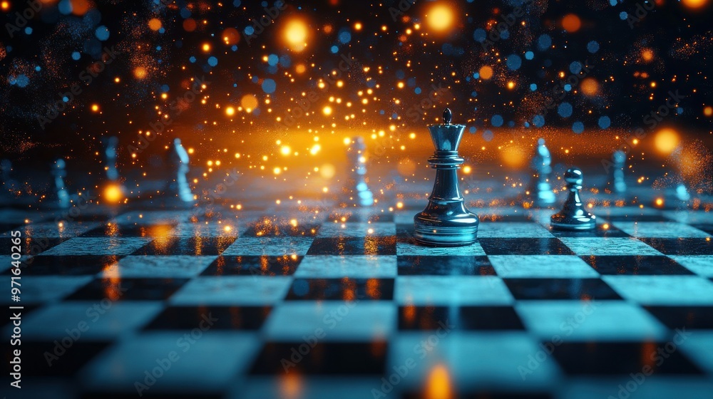 Poster a close-up of a chessboard with pieces, illuminated by glowing particles in a mystical setting.