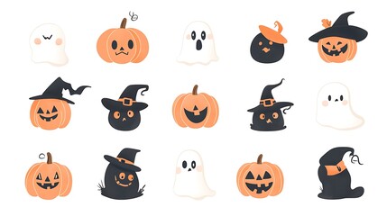 Halloween-themed cartoon set with cute characters like witches, ghosts, and pumpkins, all on a clean white background