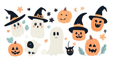 Halloween-themed cartoon set with cute characters like witches, ghosts, and pumpkins, all on a clean white background