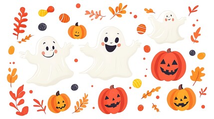 Obraz premium Playful Halloween cartoon set with friendly ghosts, smiling pumpkins, and candy scattered on a plain white background