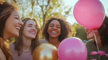 Obraz premium Joyful Young Women of Different Backgrounds Smiling and Laughing with Balloons