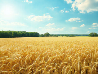 Naklejka premium wide field of golden wheat in full bloom, ready for harvest on the farm near a blue sky and green trees 