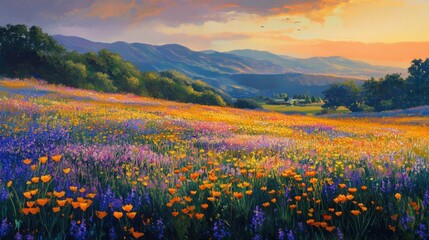Obraz premium A Sunset View of a Field of Wildflowers and Distant Hills