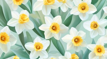 Fototapeta premium Floral pattern with yellow daffodils and pale green leaves generative ai